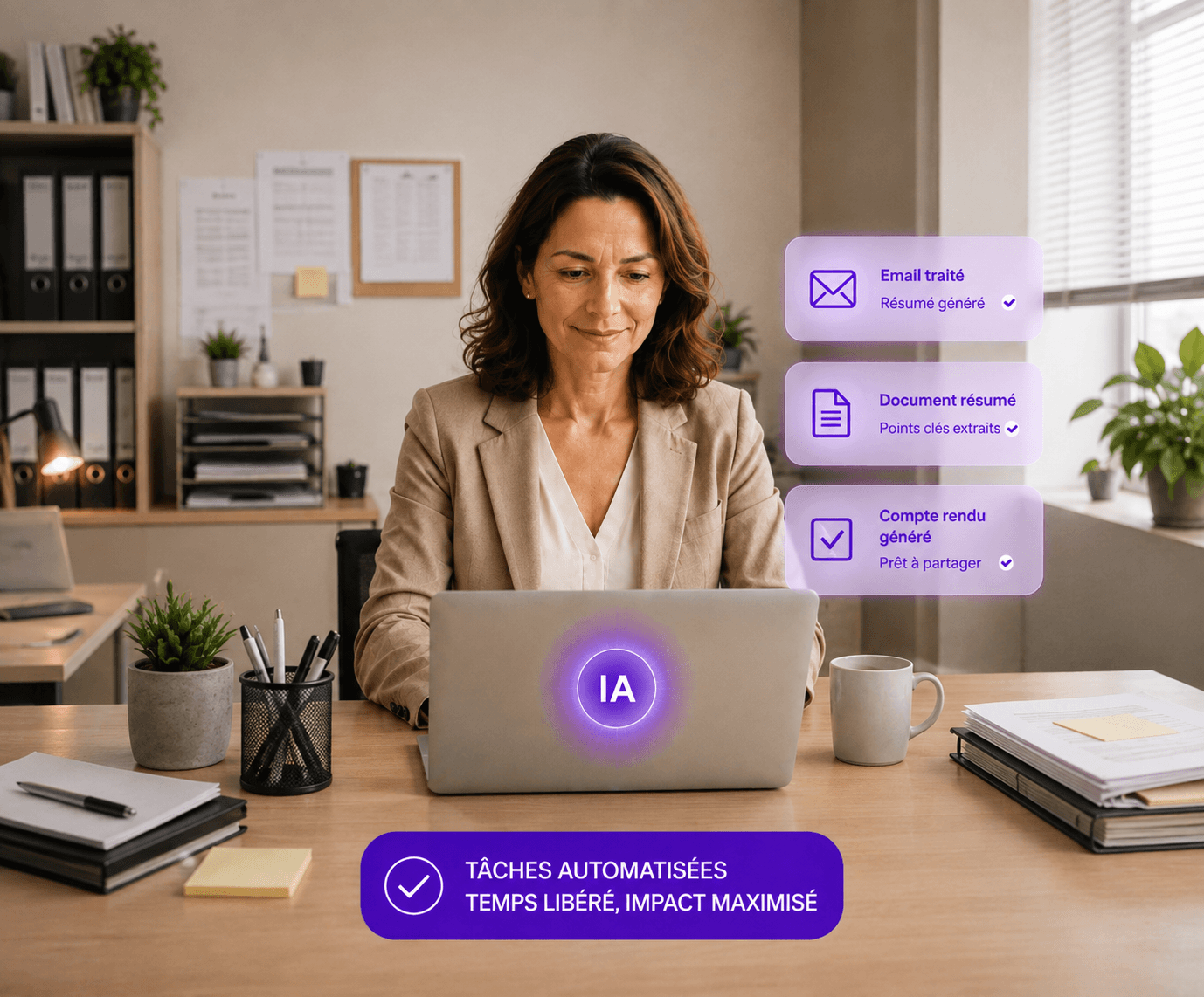 Une assistante administrative travaille avec l'IA : email traité, document résumé et compte rendu généré automatiquement